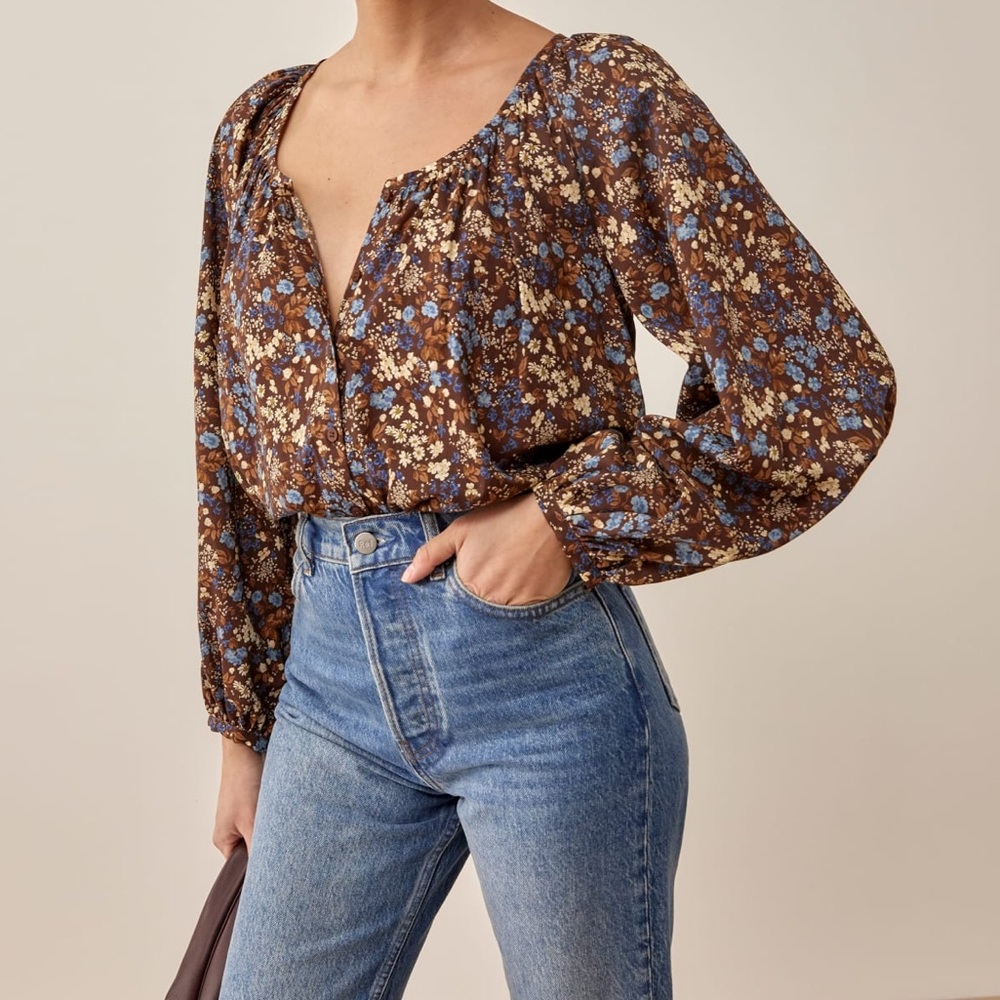 Reformation Floral Blouse in Brown and Blue